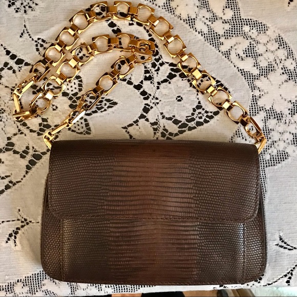 PRIVATELY SOLD!!! Cole Haan brown leather lizard skin and yellow metal chain m - Picture 2 of 10